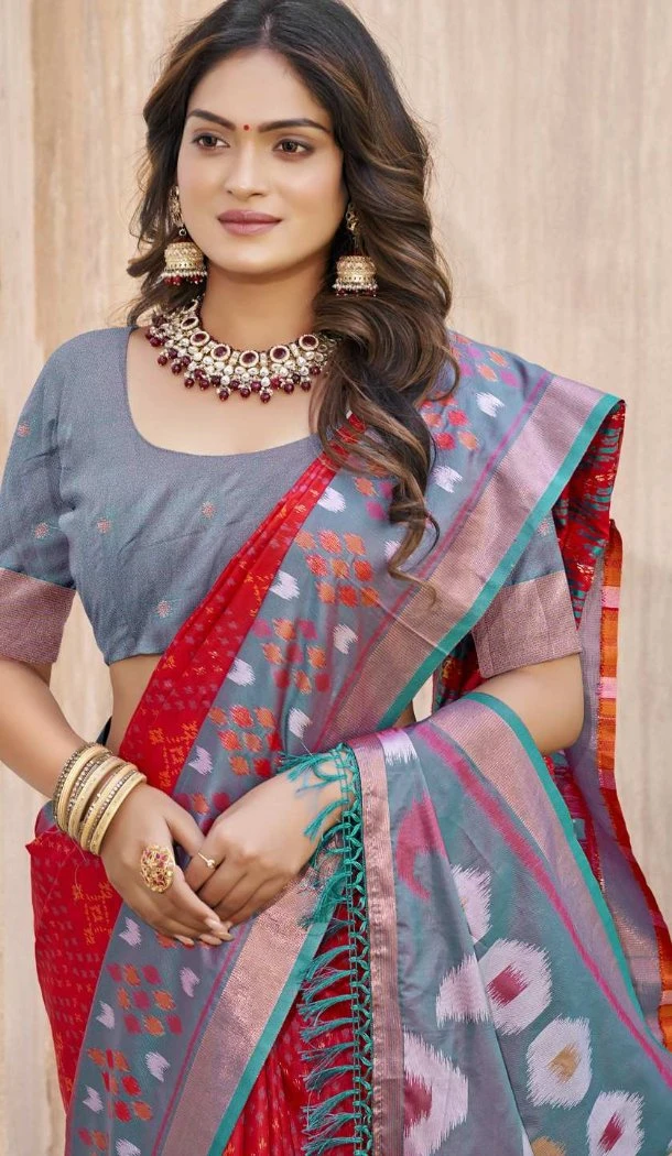 Women Party Wear Saree Pochampalli Silk Red Patola print - 13245211757