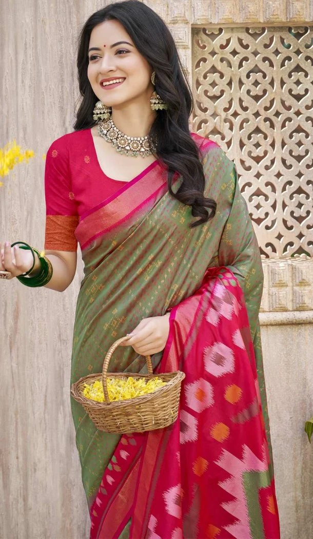 Women Patola print Pochampalli Silk Mhendi Green Party Wear Saree - 13245211758