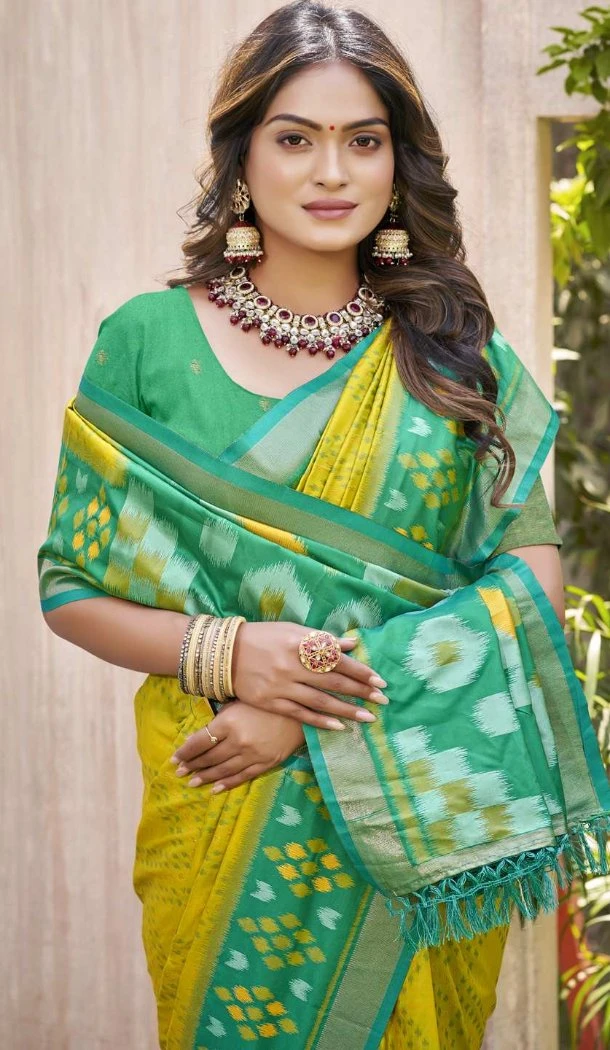 Women Patola print Party Wear Saree Pochampalli Silk Mustard Yellow - 13245211759