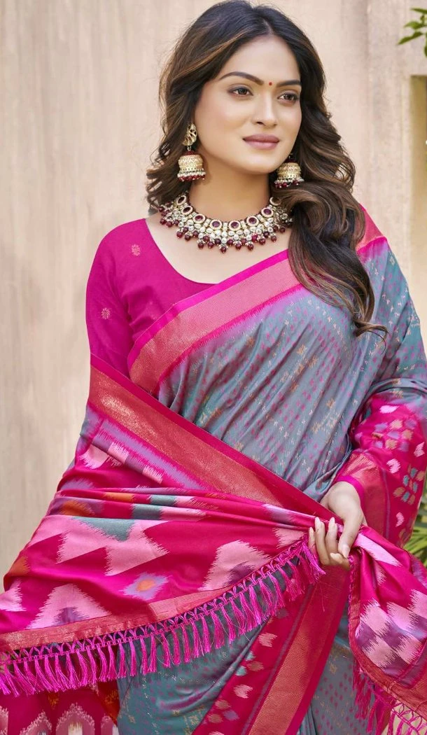 Women Party Wear Saree Pochampalli Silk Patola print Grey - 13245211762