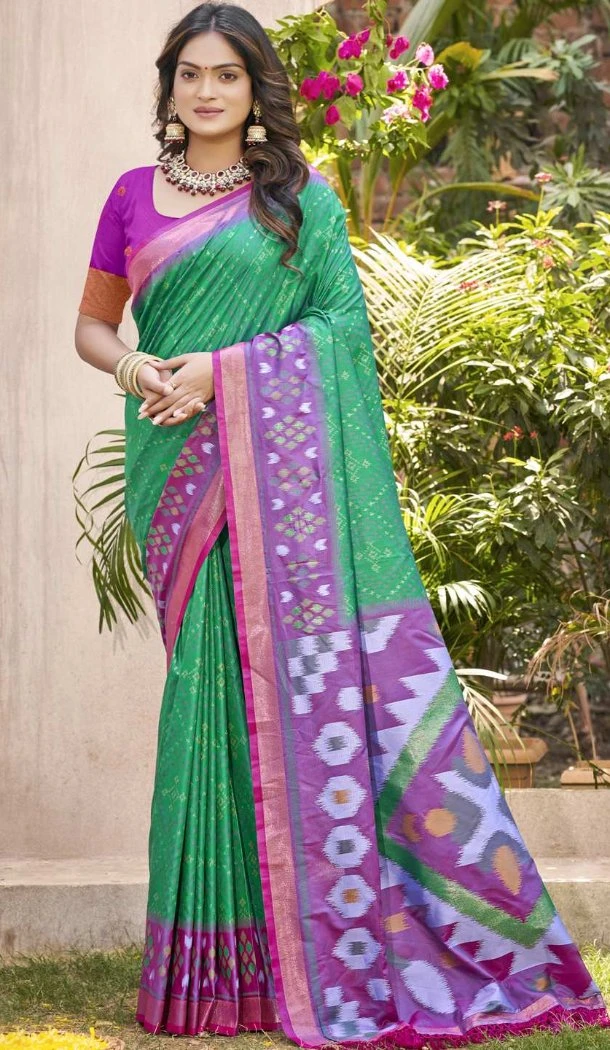 Women Pochampalli Silk Green Party Wear Saree Patola print - 13245211763