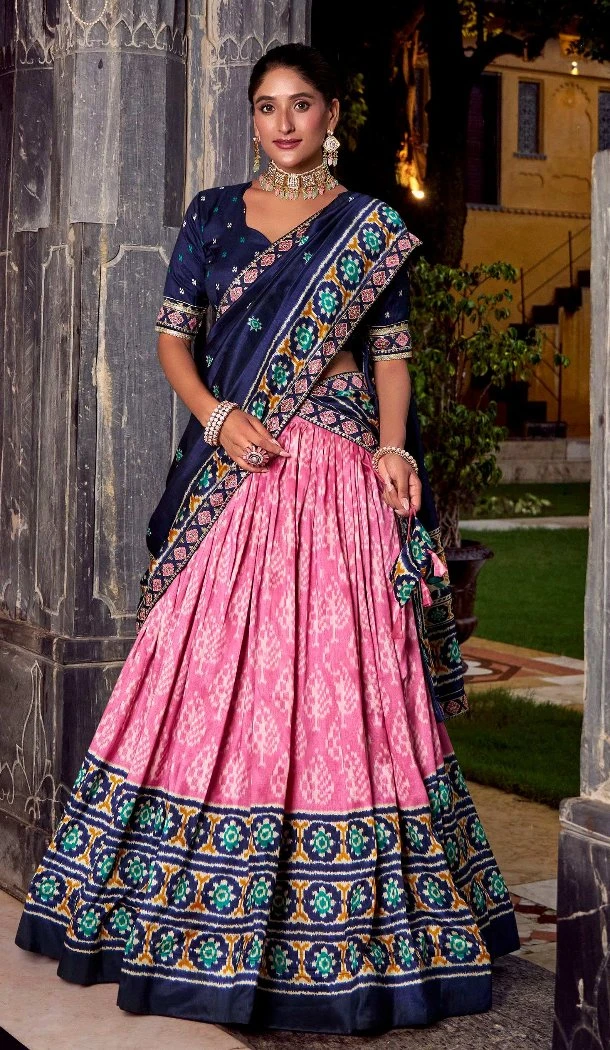 Women Light Pink Party Lehenga Choli Patola print Tussar Silk - 13249211774