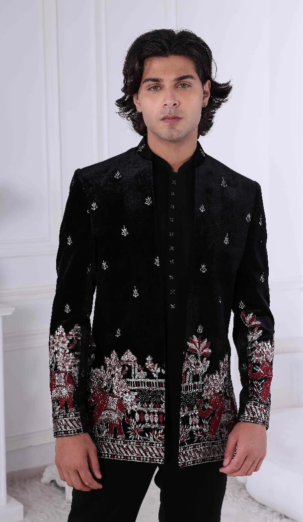 Men Wear Indo Western Black Velvet Embroidery - 13240211690
