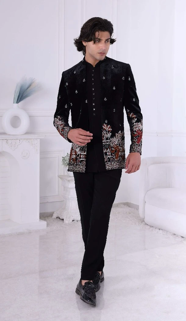 Men Wear Indo Western Black Velvet Embroidery - 13240211690
