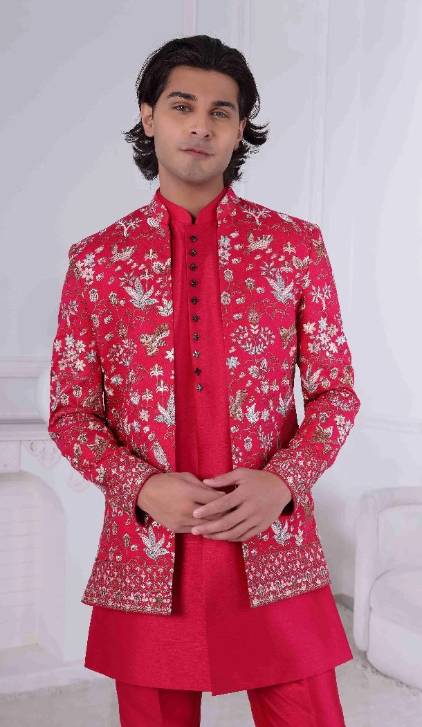 Men Embroidery on Silk Mens Wear Indo Western Hot Pink(Rani) - 13240211696