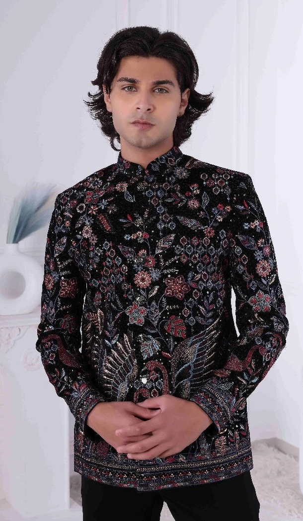Men Jade Black Thread Sequence Work on Velvet Mens Wear Indo Western - 13240211700