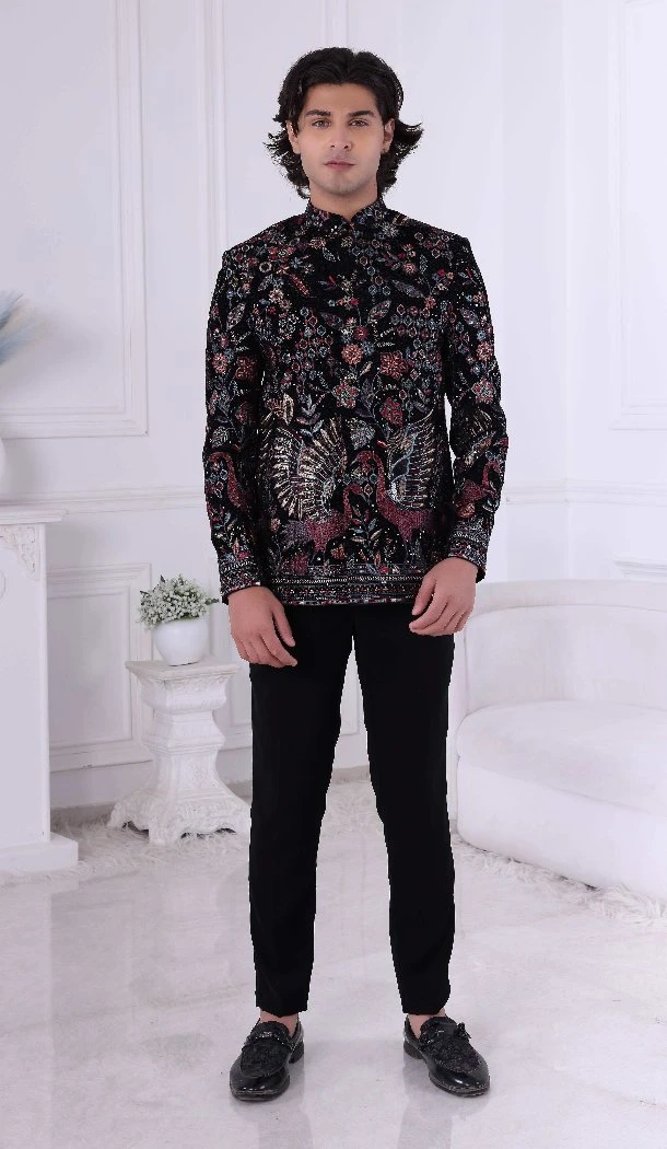 Men Jade Black Thread Sequence Work on Velvet Mens Wear Indo Western - 13240211700