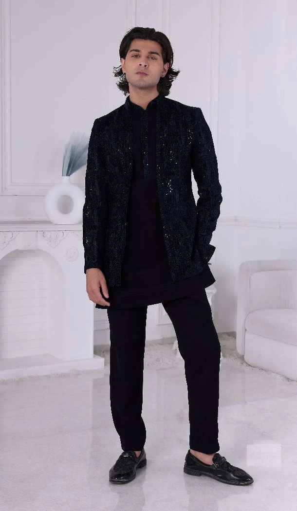 Men Navy Blue Thread Sequence Work on Velvet Mens Wear Indo Western - 13240211702