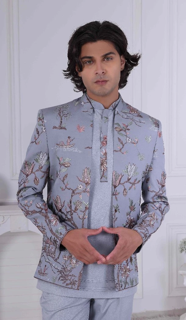 Men Gray Mens Wear Indo Western Embroidery - 13240211705