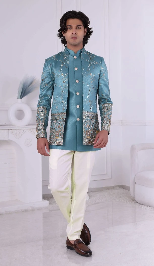 Men Wear Indo Western Sky Daman Sequence Embroidery On Silk - 13240211706