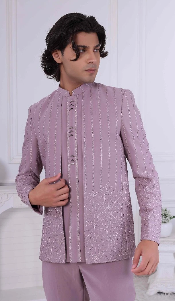 Men Pink Daman Sequence Embroidery On Silk Mens Wear Indo Western - 13240211707