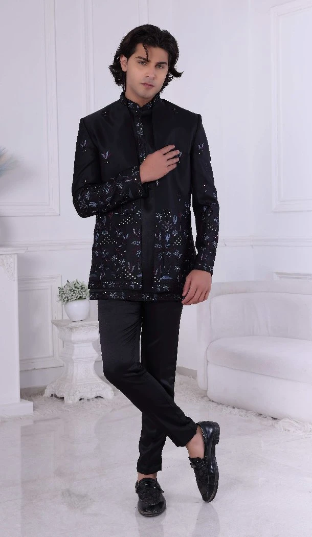 Men Daman Sequence Embroidery On Silk Mens Wear Indo Western Black - 13240211708