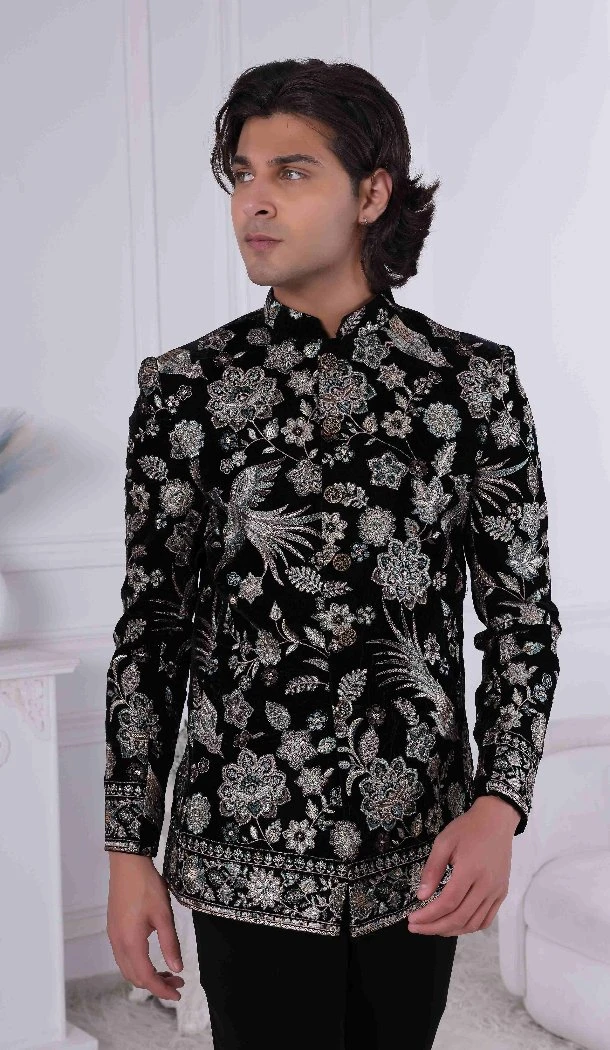 Men Velvet Embroidery Black Mens Wear Indo Western - 13240211710