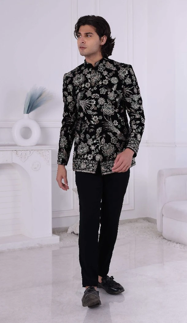 Men Velvet Embroidery Black Mens Wear Indo Western - 13240211710
