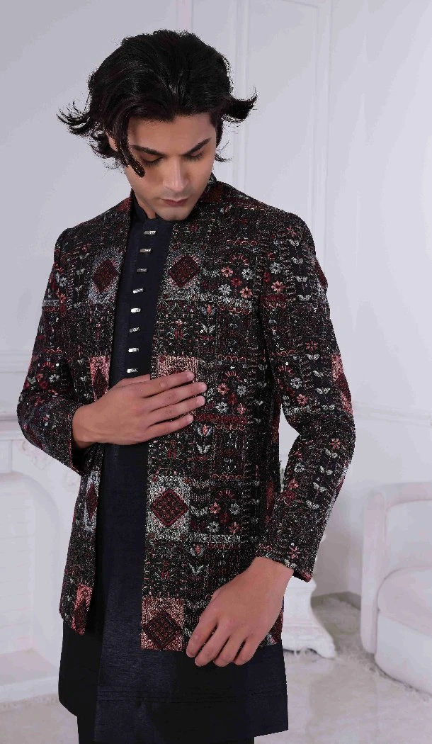 Men Black Mens Wear Indo Western Embroidery Thread Work on Silk - 13240211712