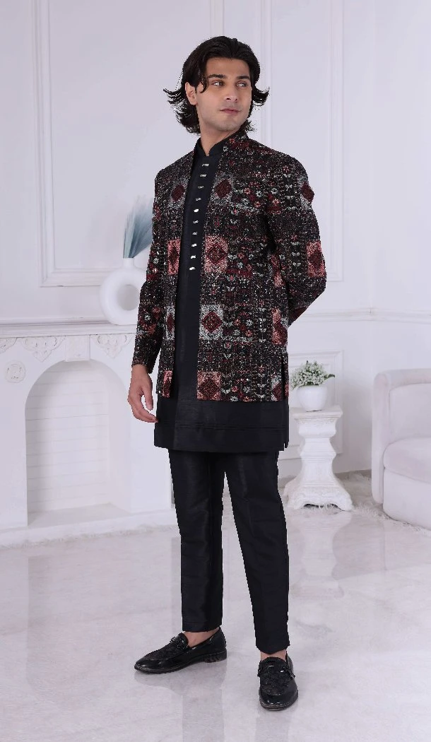 Men Black Mens Wear Indo Western Embroidery Thread Work on Silk - 13240211712