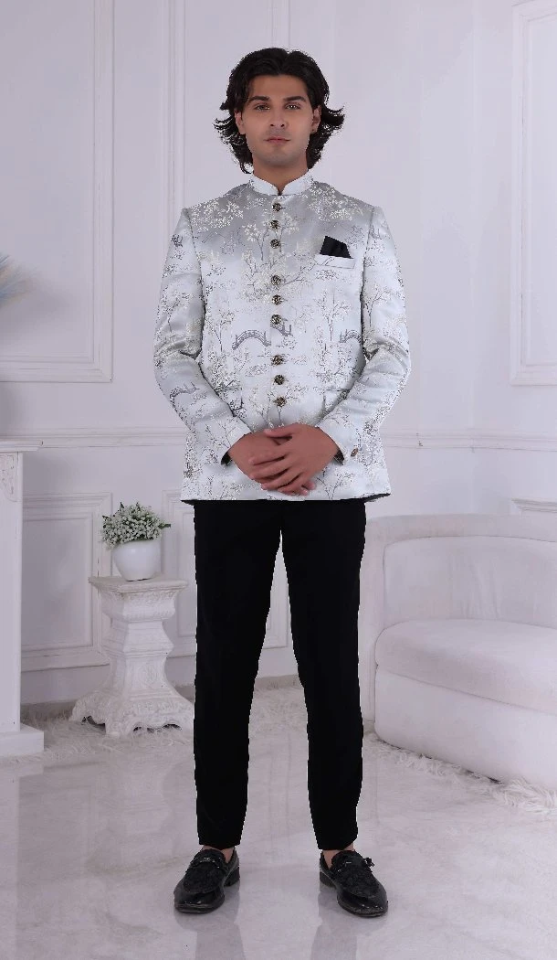 Men Light Gray Jacquard Mens Wear Indo Western - 13240211715