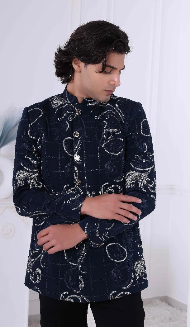 Men Thread Work Embroidery on Imported Mens Wear Indo Western Peacock blue - 13240211718