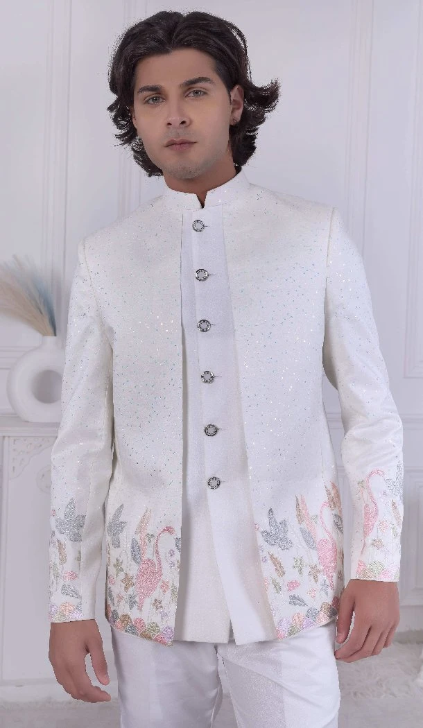 Men Daman Sequence Embroidery On Silk Mens Wear Indo Western Off white - 13240211729
