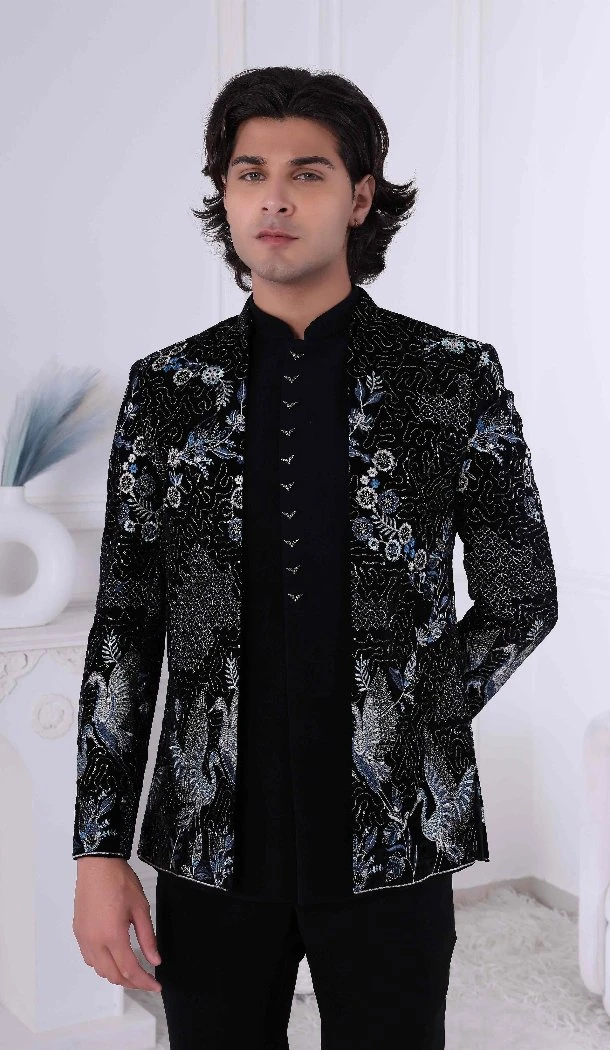Men Wear Indo Western Velvet Embroidery Black - 13240211730