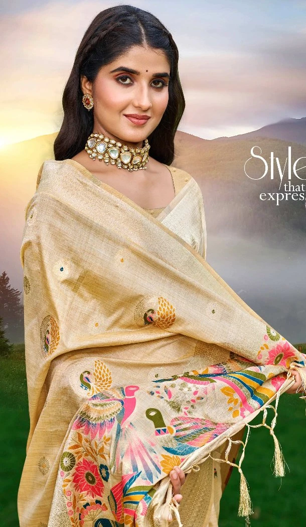 Women Cream Party Wear Saree Assam Silk Jacquard - 13267211886