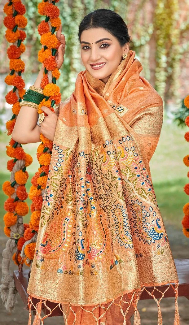 Women Jacquard Orange Party Wear Saree Assam Silk - 13268211887
