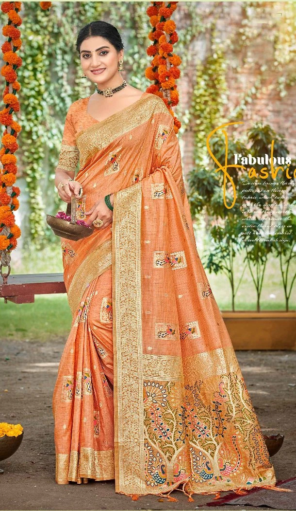 Women Jacquard Orange Party Wear Saree Assam Silk - 13268211887
