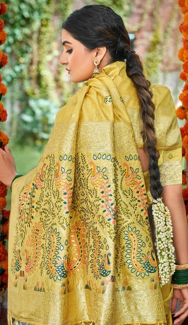 Women Jacquard Yellow Party Wear Saree Assam Silk - 13268211890