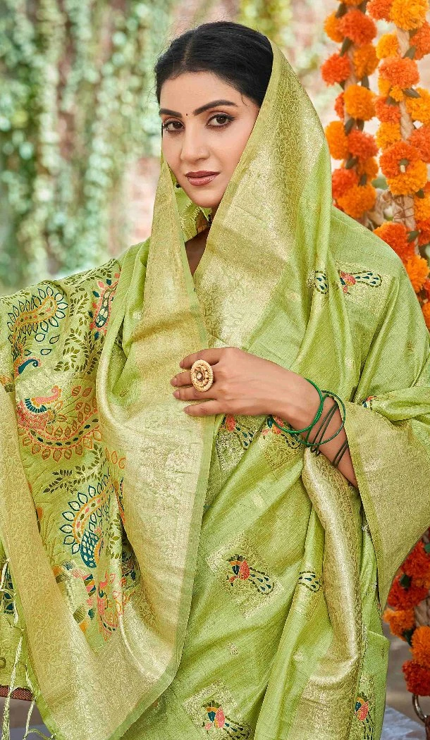 Women Assam Silk Party Wear Saree Green Jacquard - 13268211891
