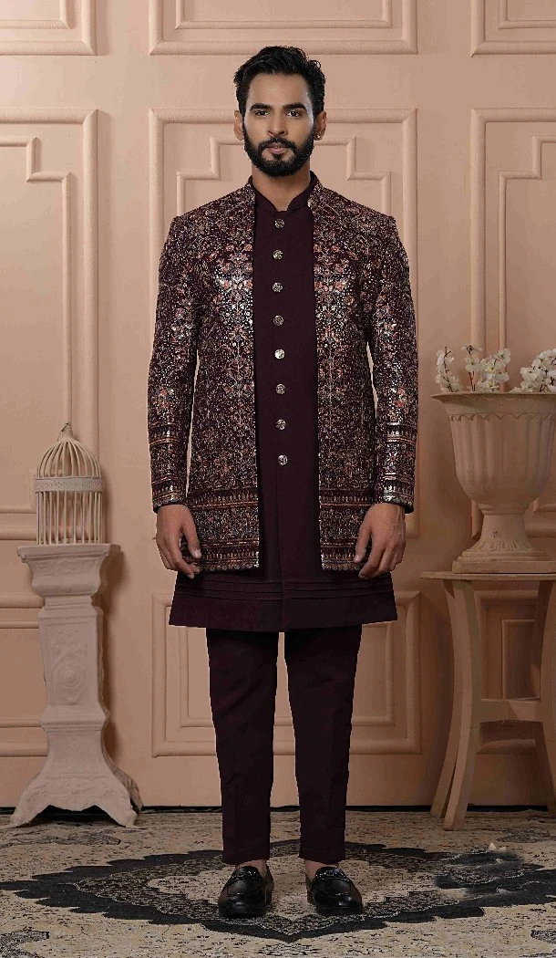 Men Mens Wear Indo Western Georgette Sequence Embroidery Wine - 13277211922