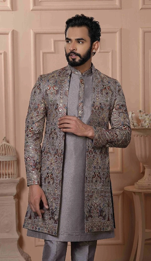 Men Silk Figure Embroidery Mens Wear Indo Western Grayinsh New - 13277211923