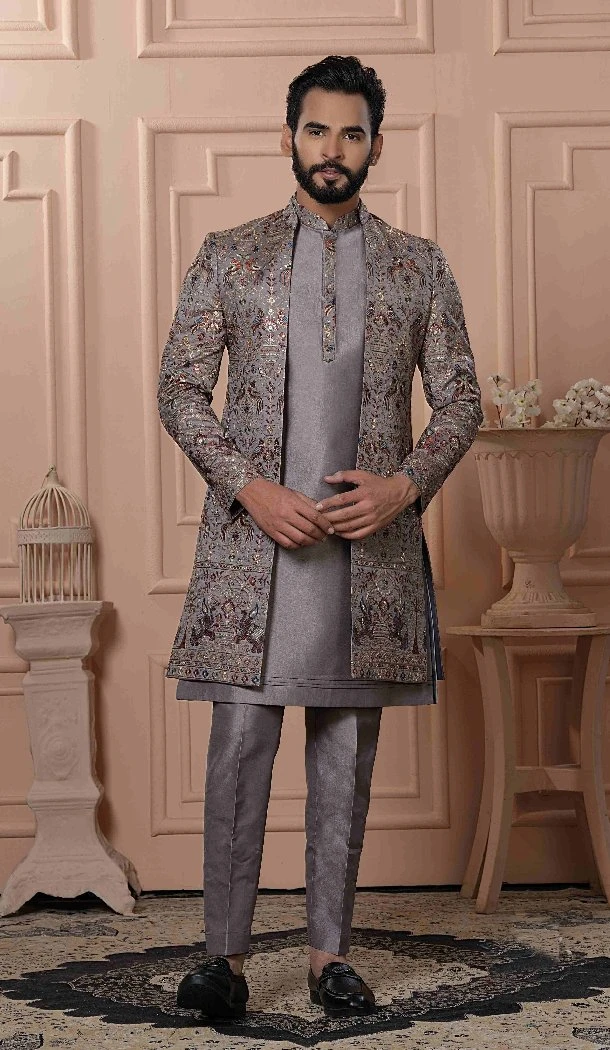 Men Silk Figure Embroidery Mens Wear Indo Western Grayinsh New - 13277211923