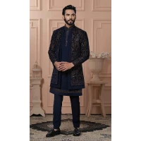 Men Mens Wear Indo Western Navy Blue Velvet Embroidery - 13277211925