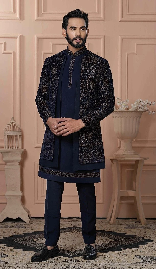 Men Mens Wear Indo Western Navy Blue Velvet Embroidery - 13277211925
