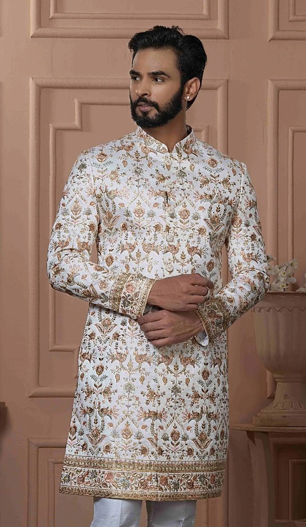 Men Silk embroidery Mens Wear Indo Western White - 13277211926