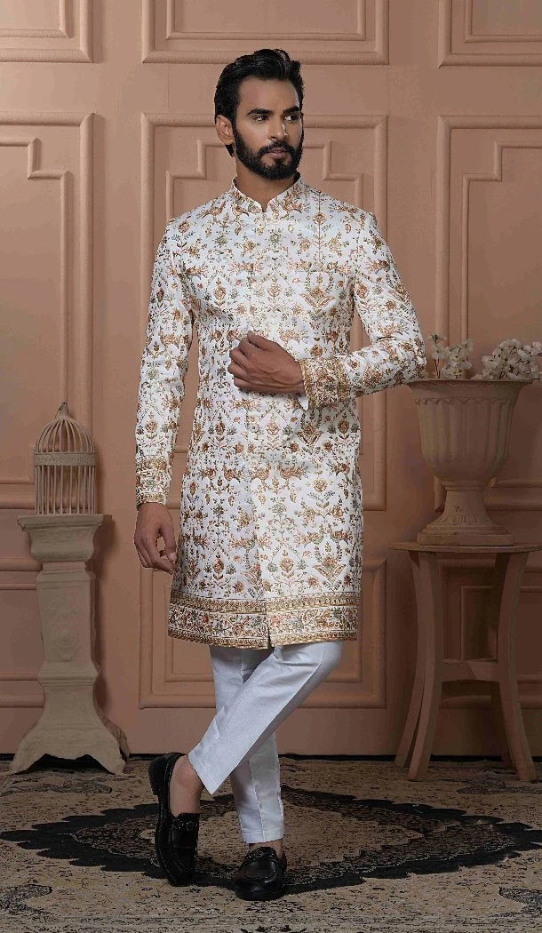 Men Silk embroidery Mens Wear Indo Western White - 13277211926