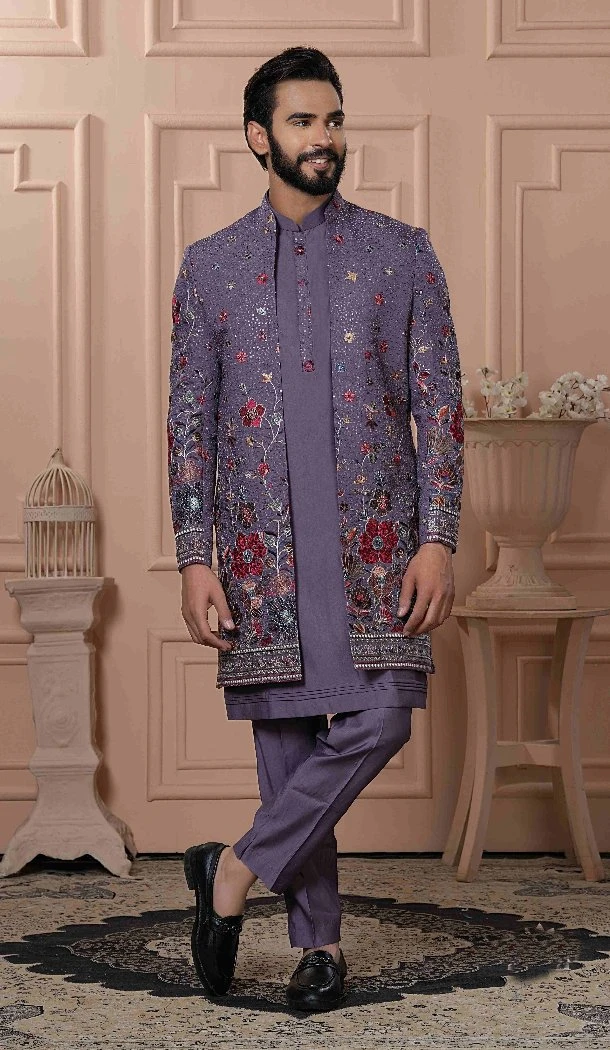 Men Georgette Sequence Embroidery Mens Wear Indo Western Purple - 13277211928