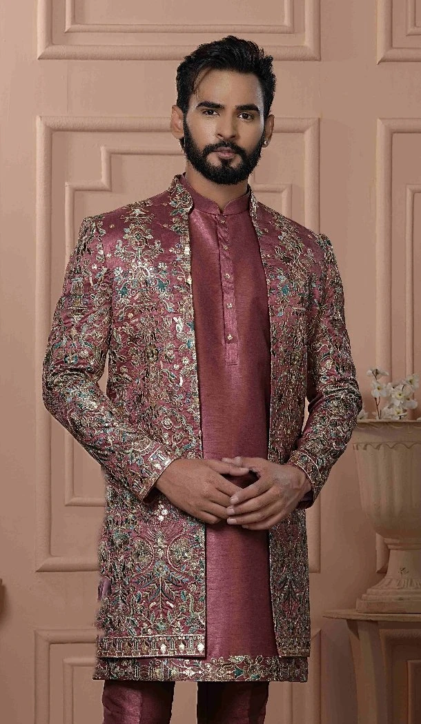 Men Silk Multi Color Embroidery Mens Wear Indo Western Rustish Pink - 13277211929