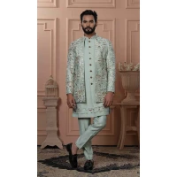 Men Soft Silk Figure Embroidery Mens Wear Indo Western Pista Green - 13277211930