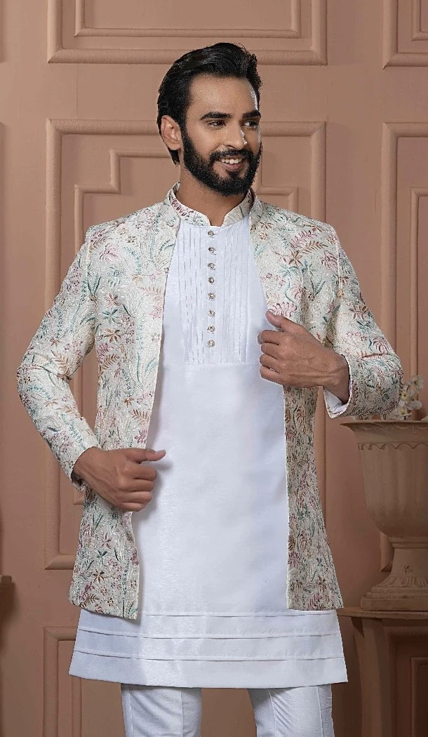 Men Cream Malai sartin mebroidery Mens Wear Indo Western - 13277211931