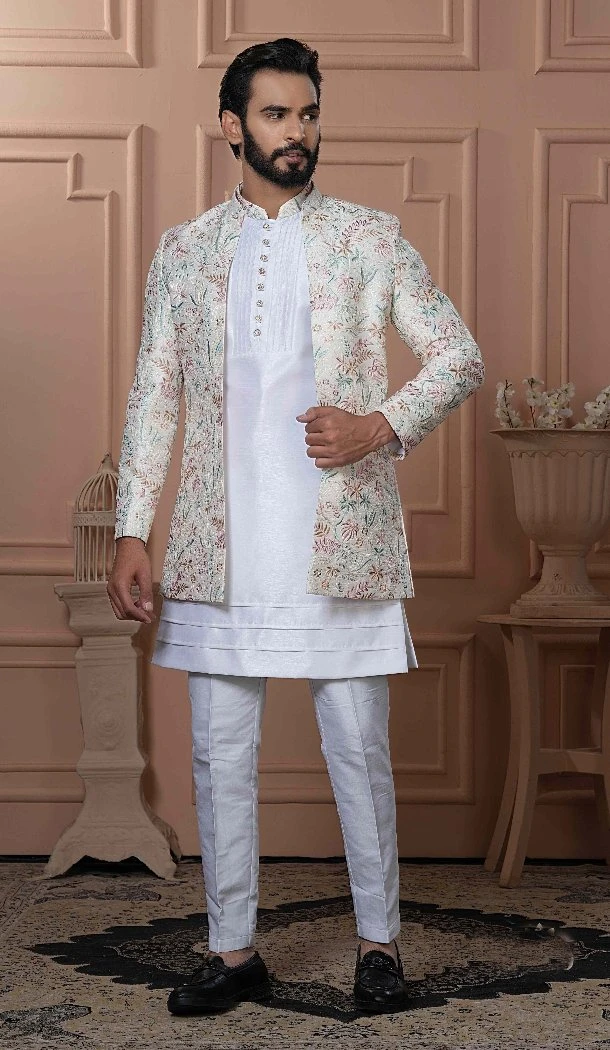 Men Cream Malai sartin mebroidery Mens Wear Indo Western - 13277211931