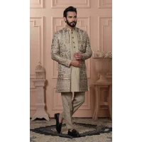 Mens Wear Indo Western New Beige Georgette Sequence Embroidery - 13277211933