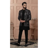 Men Velvet Embroidery Jade Black Mens Wear Indo Western - 13277211935