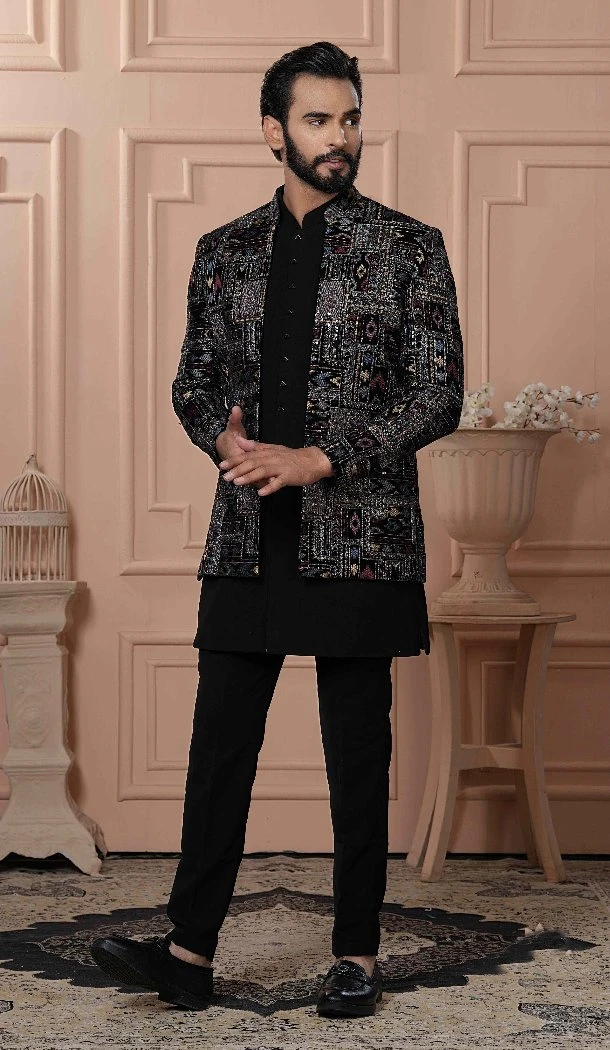 Men Velvet Embroidery Jade Black Mens Wear Indo Western - 13277211935