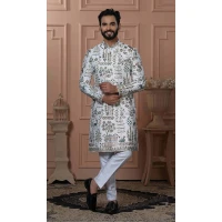 Men Soft Silk Figure Embroidery White Mens Wear Indo Western - 13277211936