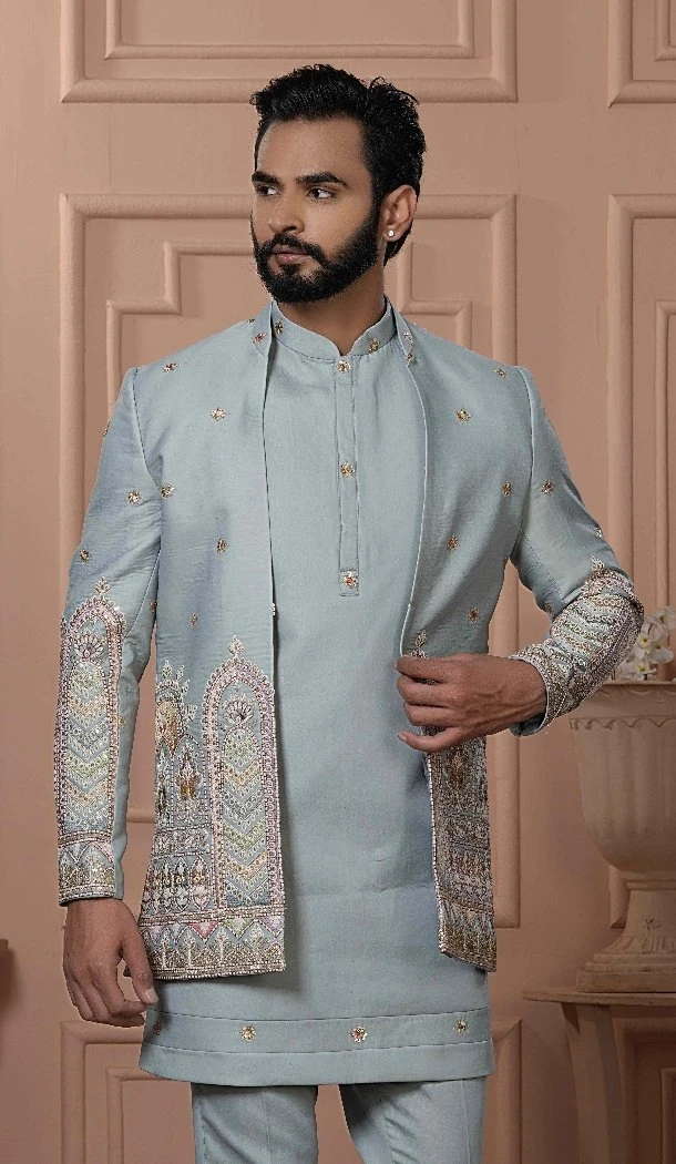 Men Pastel Pista Green Mens Wear Indo Western Soft Silk Embroidery - 13277211939