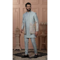 Men Pastel Pista Green Mens Wear Indo Western Soft Silk Embroidery - 13277211939