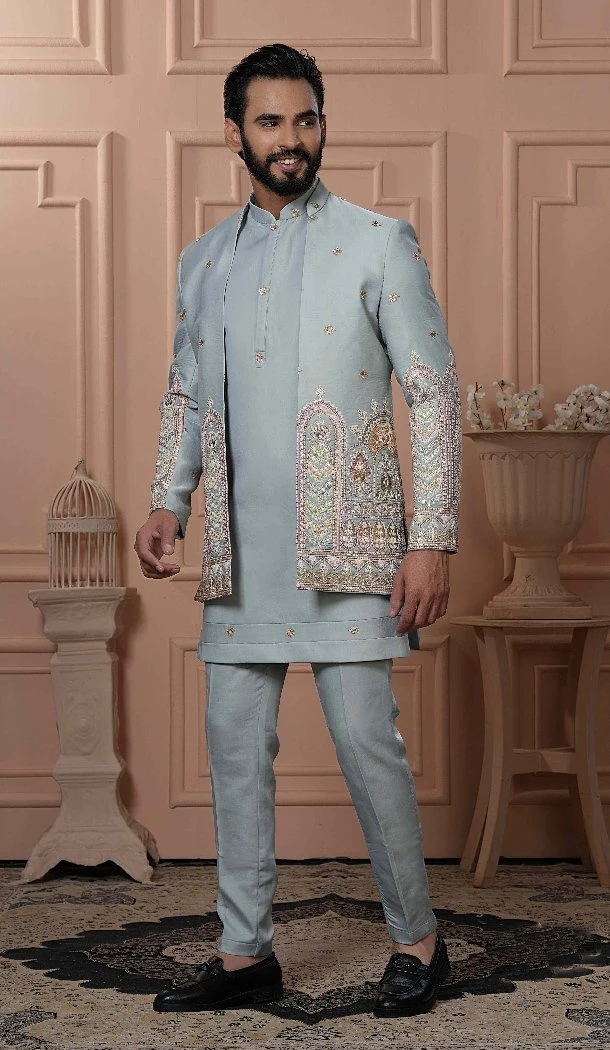 Men Pastel Pista Green Mens Wear Indo Western Soft Silk Embroidery - 13277211939