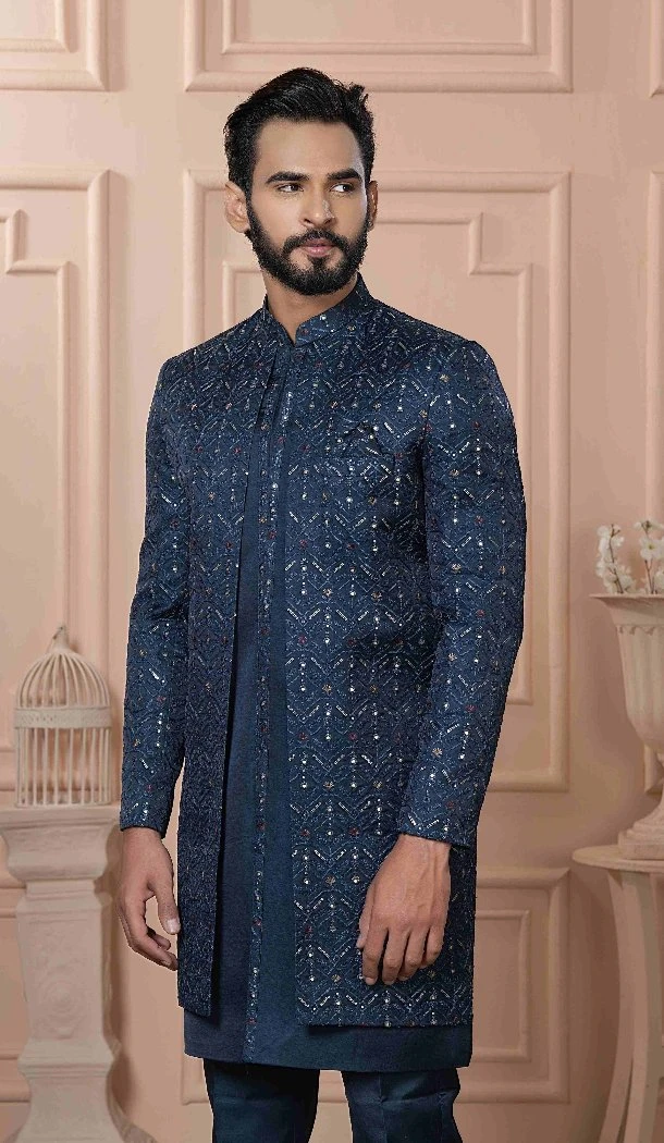 Men Sequence Embroidery Peacock blue Mens Wear Indo Western - 13277211940