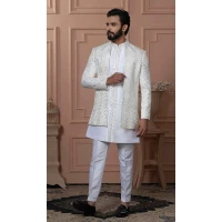 Men Cream Mens Wear Indo Western Silk sequence Embroidery - 13277211941